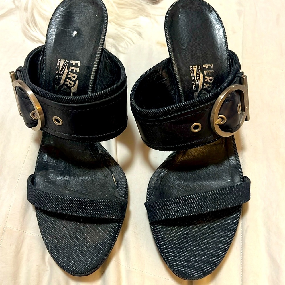 Salvatore ferragamo leather and denim slide sandals